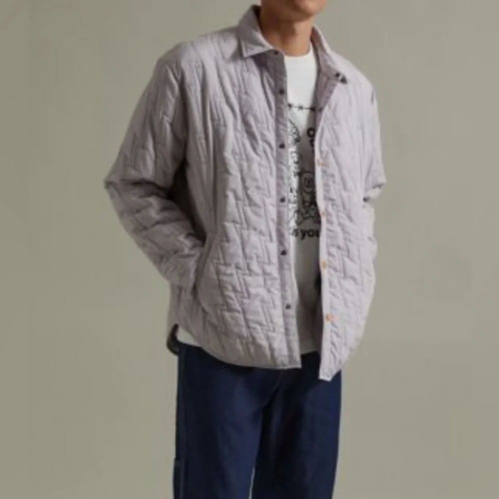 URBAN OUTFITTERS Lightning Bolt Puffer Jacket in Light Gray with Green Stitching